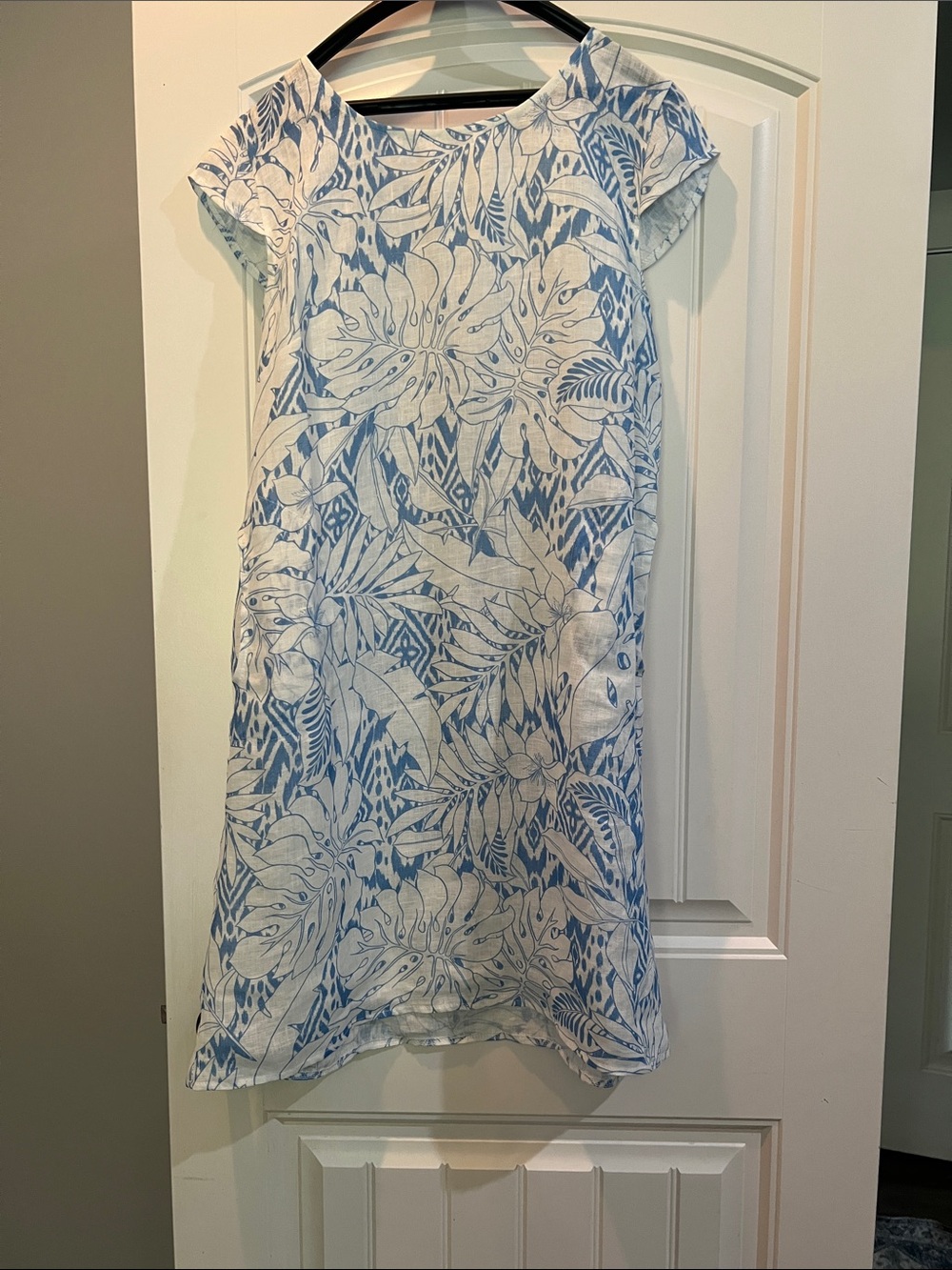Linen Blue and White Floral Midi Dress